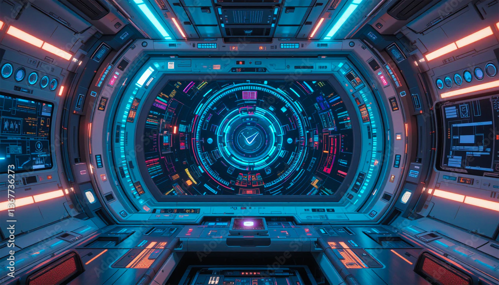 Fototapeta premium Abstract Blue Digital Interface With Holographic Elements And Glowing Circles For Technology Futuristic Design Background