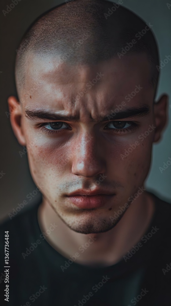 Fototapeta premium A close-up portrait of a serious young man with a shaved head and intense gaze. Emotion and character are highlighted in the lighting.