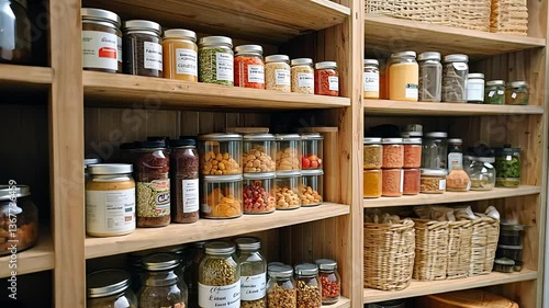 Wallpaper Mural Wooden pantry shelves with glass jars filled with spices, grains, and dried food items arranged in neat storage system

 Torontodigital.ca