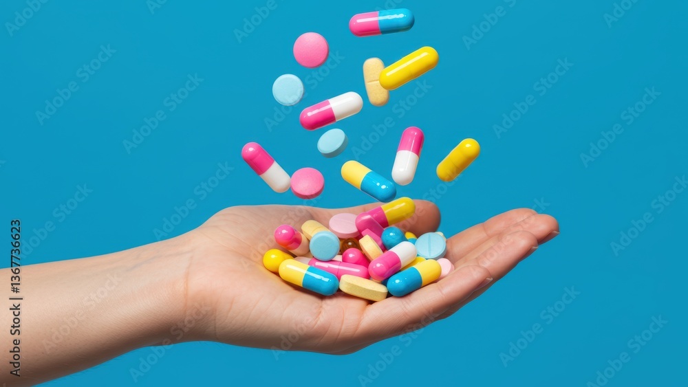A hand holding colorful pills and capsules on a blue background. A hand holding colorful pills and capsules on a blue background.