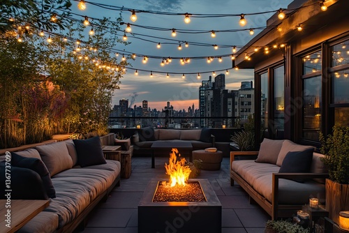 Wallpaper Mural A rooftop lounge setup with outdoor seating, string lights, and a fire pit Torontodigital.ca