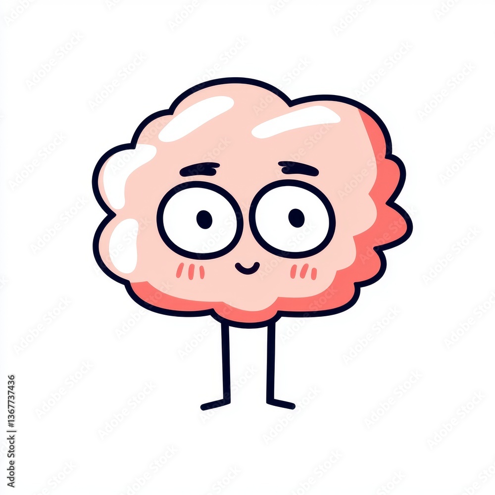 Fototapeta premium Cute Pink Cartoon Brain Character with Rosy Cheeks on White Background