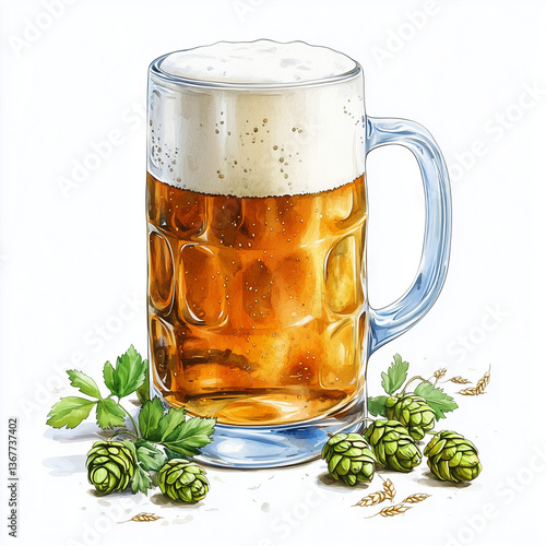 Watercolor beer glass and bottle. Watercolor beer glass, pint mug bottle. Food illustration. With watercolor texture. Wheat, hops