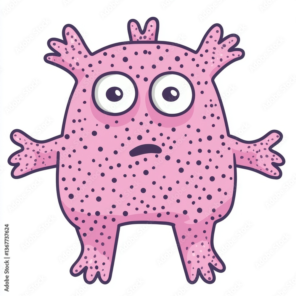 Naklejka premium Cute Pink Cartoon Monster with Purple Spots Illustration
