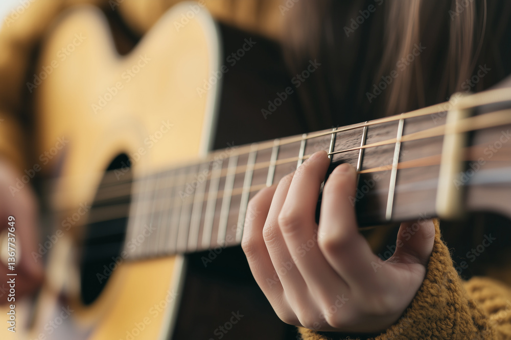 Fototapeta premium Close up of woman playing acoustic guitar, focusing on her hand on fretboard, creating warm and artistic mood