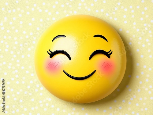 Smiling yellow emoji with rosy cheeks on a soft textured yellow background