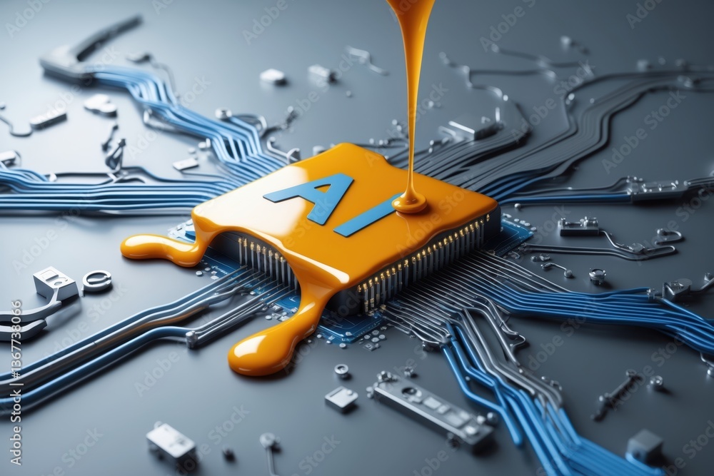 Fototapeta premium An abstract representation of artificial intelligence depicted with a microchip and orange fluid pouring onto circuits