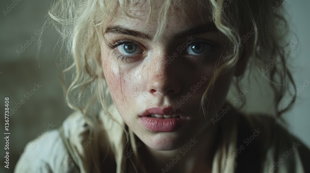 Close-up Portrait of a Young Woman with Freckles and Blonde Curly Hair Close-up Portrait of a Young Woman with Freckles and Blonde Curly Hair
