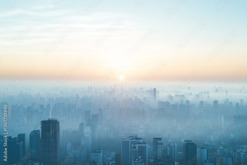 Fototapeta premium Aerial view of cityscape covered in smog and pollution during sunrise, creating hazy atmosphere