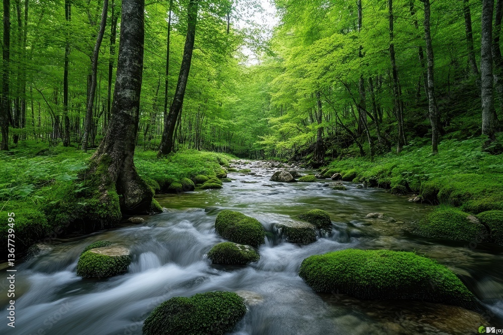 Pristine stream flowing through lush green forest Pristine stream flowing through lush green forest