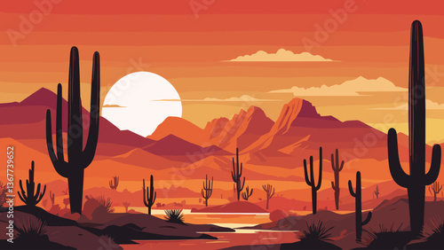 Desert landscape abstract art background. Texas western mountains and cactuses. Vector illustration of Wild West desert with red sky and sun. Design element for banner, flyer, card, sign template.