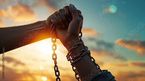 Hands bound in chains breaking free against a dramatic sky, symbolizing freedom, resistance, and human rights