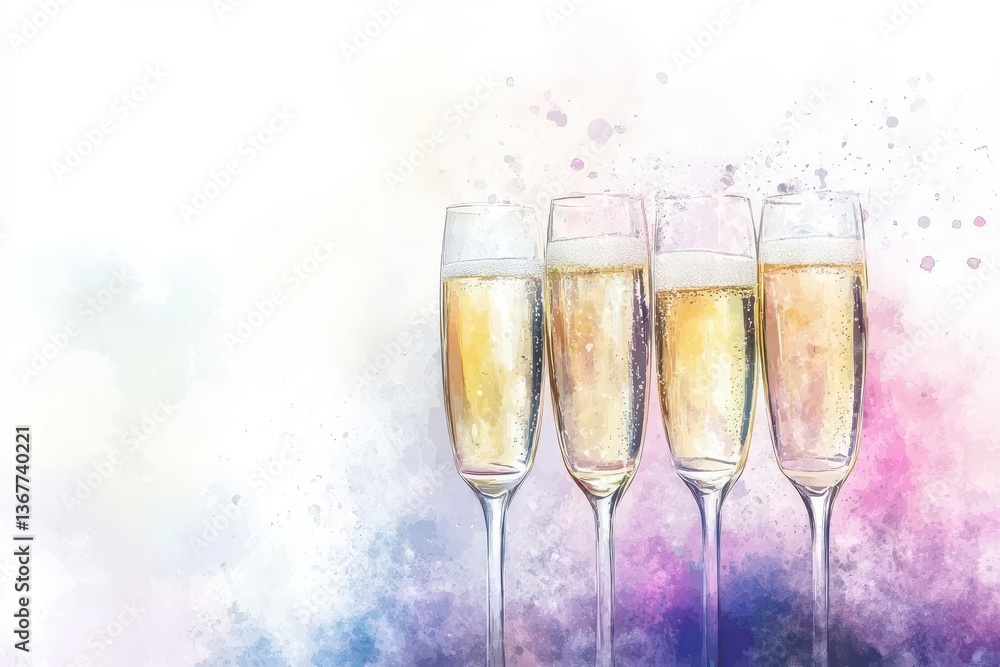 delicate watercolor champagne flutes clinking in celebration soft pastel splashes bubbles rising ethereal light catching crystal edges romantic mood