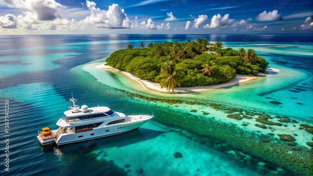 Obraz premium Luxurious Maldives Yacht, Crystal Clear Water, Coral Reefs - Tropical Island Paradise