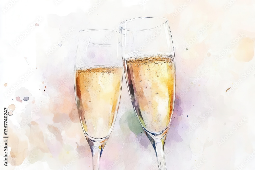 delicate watercolor champagne flutes clinking in celebration soft pastel splashes bubbles rising ethereal light catching crystal edges romantic mood
