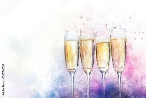 Obraz na płótnie delicate watercolor champagne flutes clinking in celebration soft pastel splashes bubbles rising ethereal light catching crystal edges romantic mood w salonie