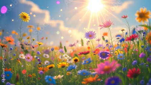 A vibrant summer field of poppies and daisies blooms under a bright sky