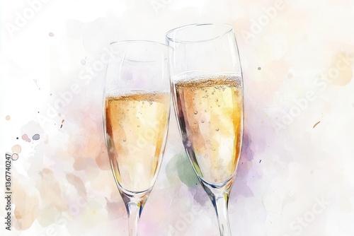 Obraz na płótnie delicate watercolor champagne flutes clinking in celebration soft pastel splashes bubbles rising ethereal light catching crystal edges romantic mood w salonie