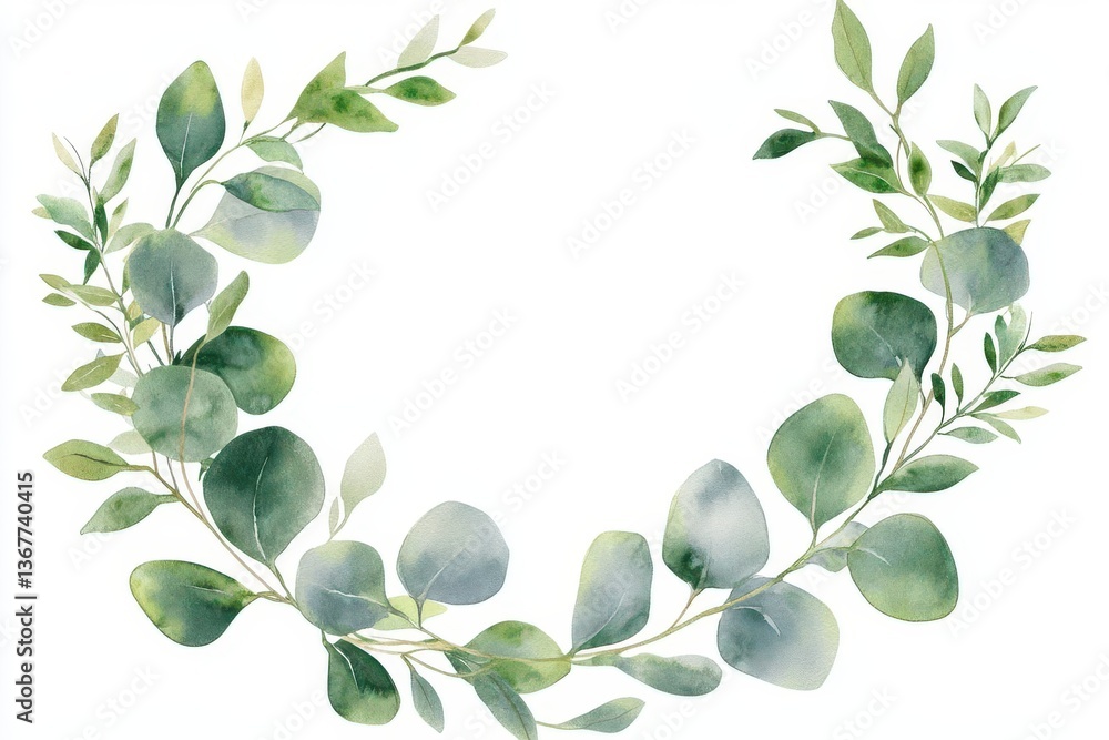 delicate watercolor eucalyptus wreath with soft green leaves and tender branches transparent botanical illustration on clean white background