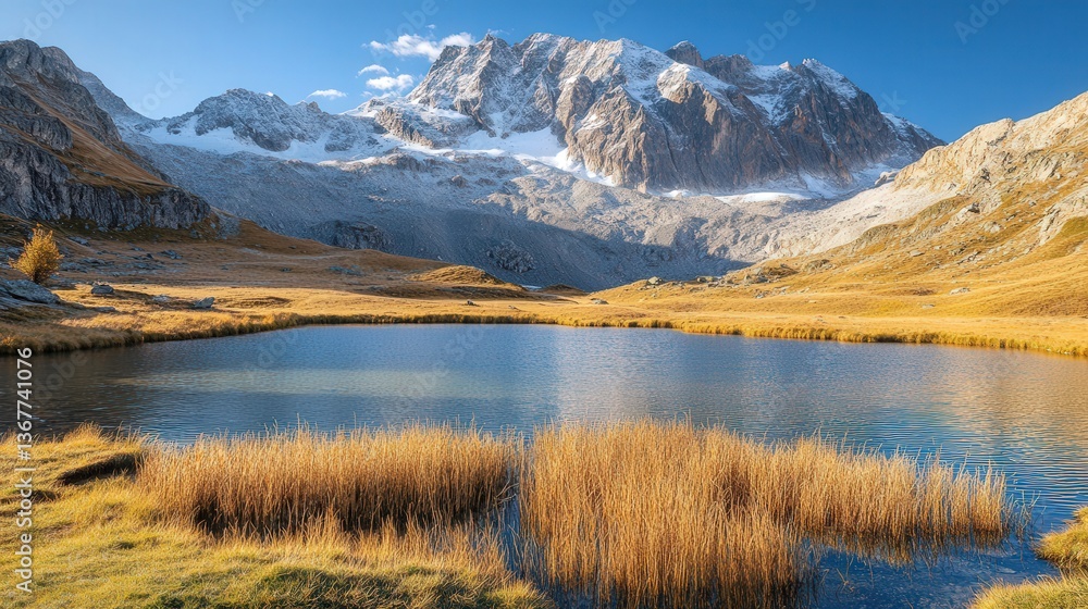 Fototapeta premium Golden Grass Surrounding Mountain Lake with Snowy Background