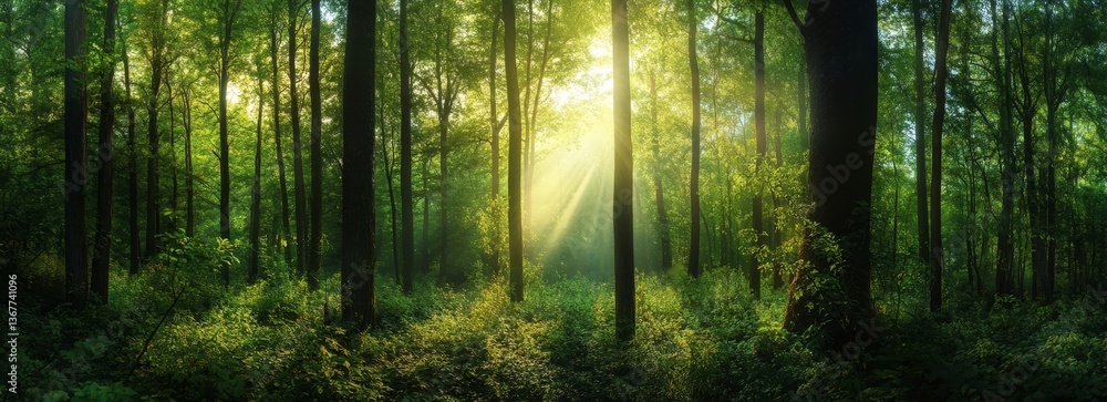 Naklejka premium Sunlight streams through lush forest