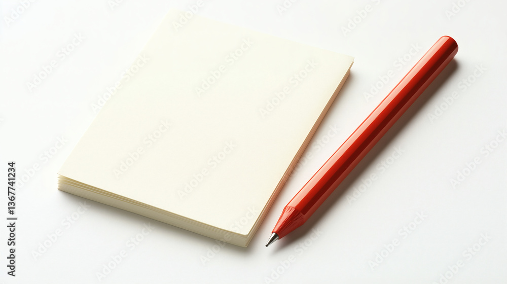 Minimalist Notepad with Red Pencil on White Background Minimalist Notepad with Red Pencil on White Background