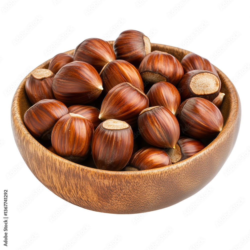 Obraz premium Hazelnuts in Wooden Bowl PNG Isolated Transparent White Background Stock Object Photo Download