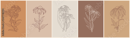 Black-eyed Susan flower Line art Drawing Print Set. Rudbeckia Botanical Poster. Modern Line Art, Aesthetic Contour. Perfect for Home Decor, Wall Art, tattoo, logo, jewelry design. Vector illustrations