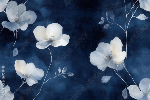 delicate watercolor flowers in soft pastels flowing across deep indigo background creating ethereal seamless pattern with botanical elements