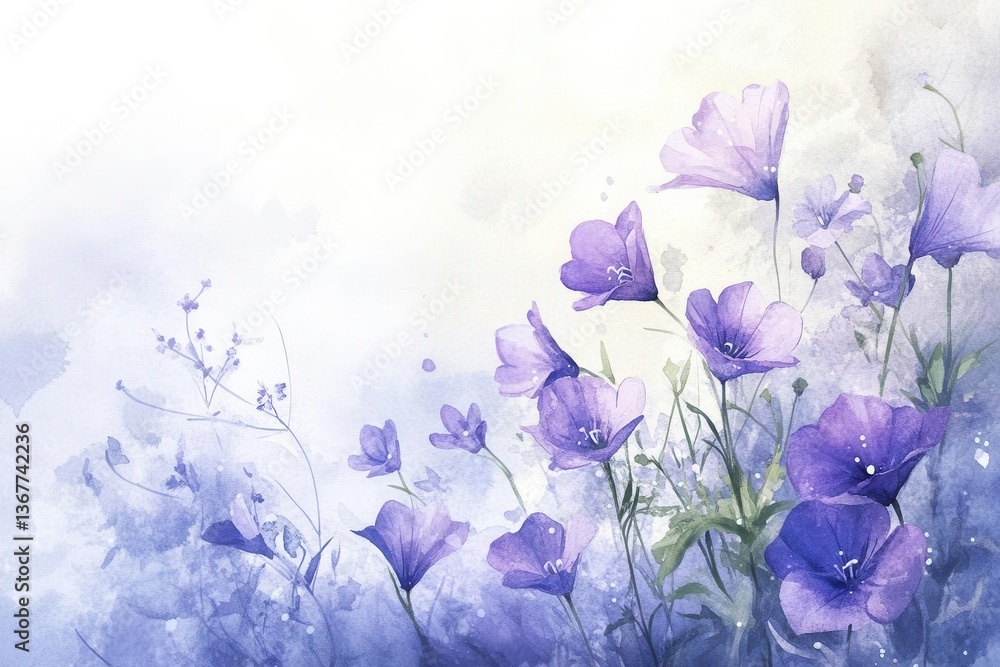 delicate watercolor illustration of harebells in morning light loose brushstrokes in shades of purple and blue dancing in a summer breeze with dewdrops sparkling