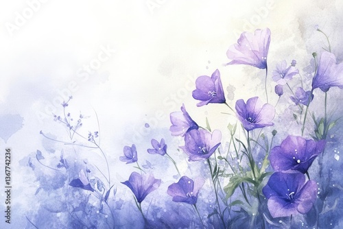 Obraz na płótnie delicate watercolor illustration of harebells in morning light loose brushstrokes in shades of purple and blue dancing in a summer breeze with dewdrops sparkling w salonie