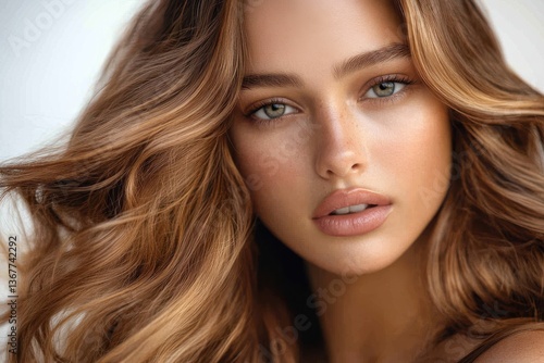 Wallpaper Mural Close-up portrait of a fair-skinned woman with captivating green eyes and wavy brown-blonde hair styled in a glamorous fashion Torontodigital.ca