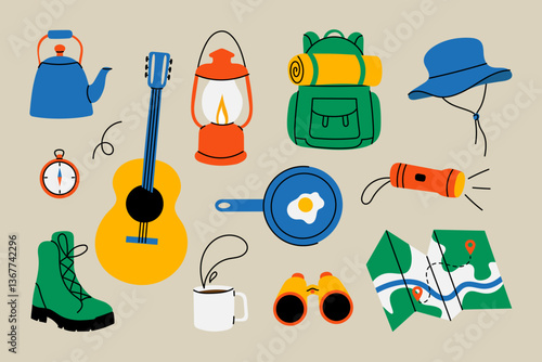 Camping equipment set. Flat vector illustration of hiking and outdoor adventure gear: backpack, boots, map, lantern, flashlight, kettle, hat, binoculars, guitar, frying pan, compass, and coffee mug
