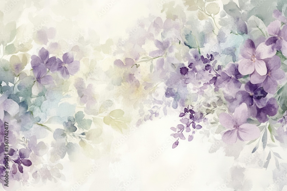 delicate watercolor lavender bouquet soft purple and sage green palette loose flowing style botanical illustration with translucent petals