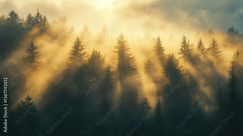 Fototapeta premium Dramatic Light Rays Through Pine Trees in Foggy Forest