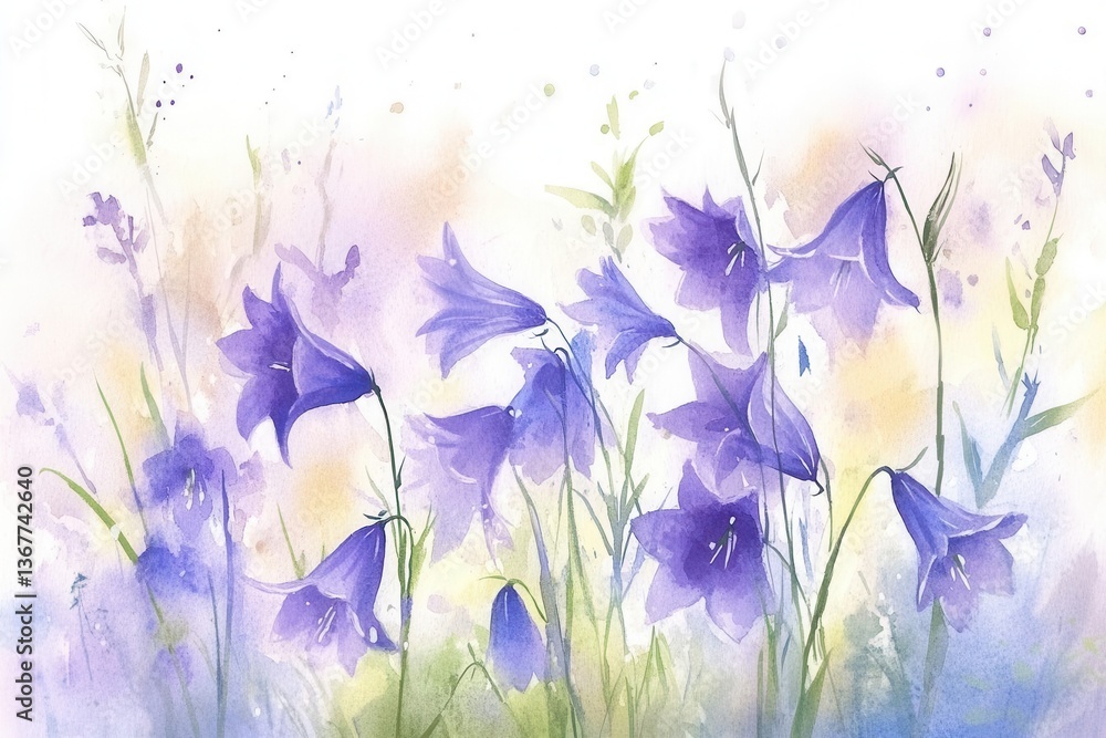 delicate watercolor illustration of harebells in morning light loose brushstrokes in shades of purple and blue dancing in a summer breeze with dewdrops sparkling