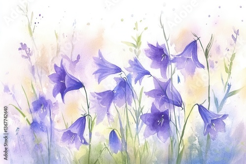 Obraz na płótnie delicate watercolor illustration of harebells in morning light loose brushstrokes in shades of purple and blue dancing in a summer breeze with dewdrops sparkling w salonie