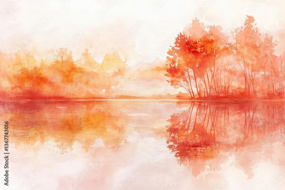 delicate watercolor painting of autumn lakeside scene with rich orange and red foliage reflected in still waters soft edges and translucent layers