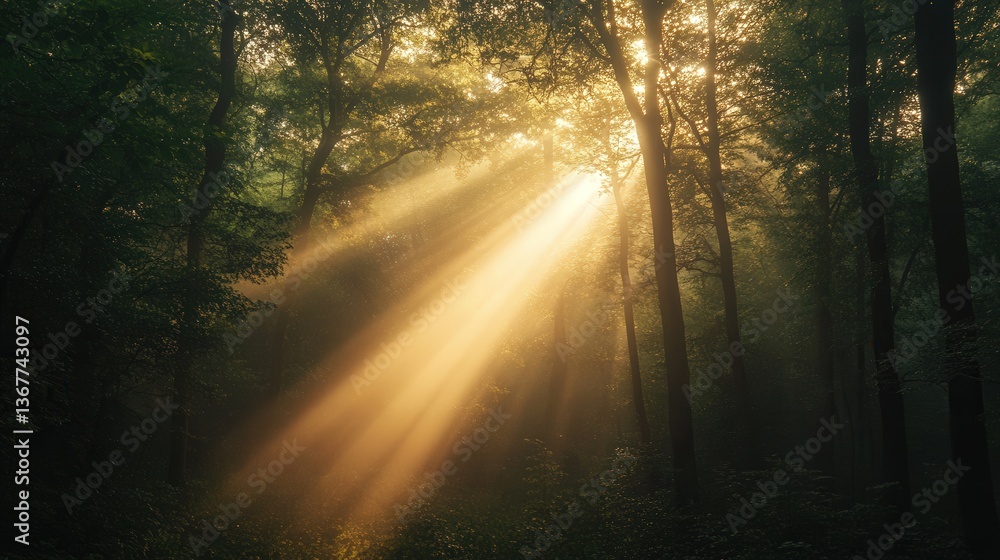 Obraz premium Intense Sunlight Beams in Dark Forest at Sunrise