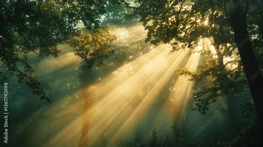 Obraz premium Wide Golden Light Rays in Green Forest Landscape