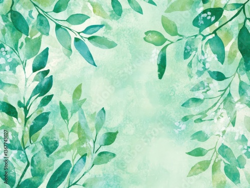 Watercolor leaves and branches frame a pastel green background for creative botanical designs