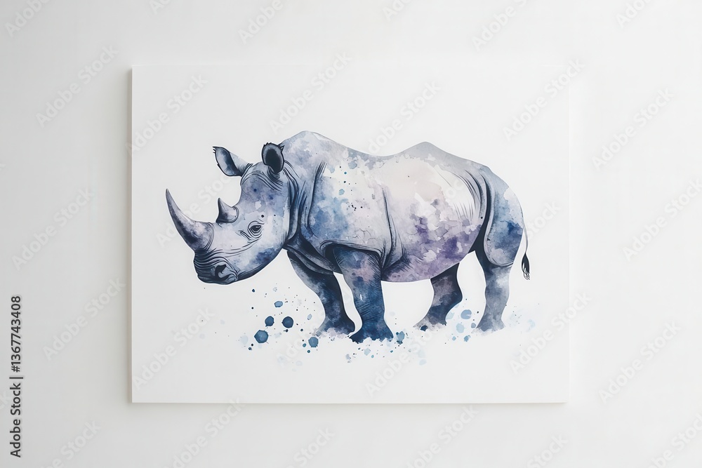delicate watercolor rhinoceros in soft gray tones with splashes of blue and purple minimalist style on textured white paper