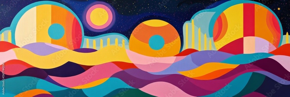 Obraz premium Colorful stylized landscape with planets and waves.