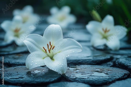 Obraz na płótnie delicate white lilies scattered across weathered cobblestones morning dew glistening on petals soft natural lighting creating ethereal atmosphere w salonie
