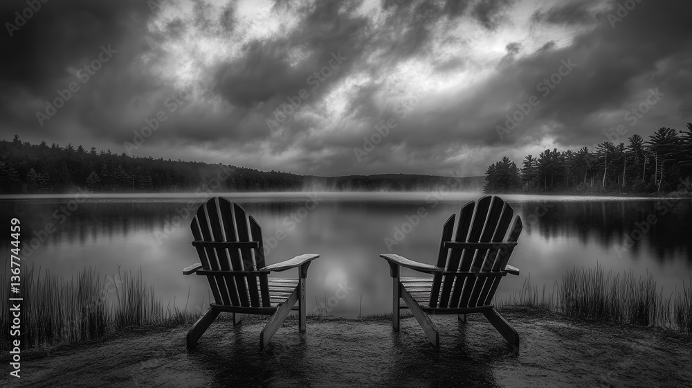 Naklejka premium Two Adirondack Chairs Facing Misty Lake In Black And White