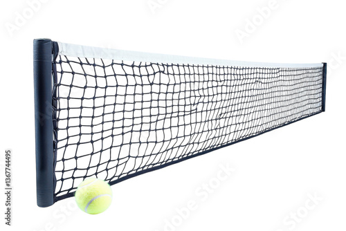 A vibrant tennis ball resting beside a net in a sunlit court during a lively afternoon match isolated on transparent background