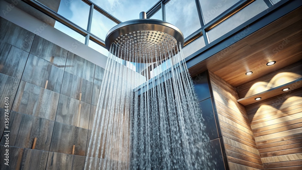 Obraz premium Luxury Rainfall Shower Head, Aerial View, Modern Bathroom Design, Chrome Finish