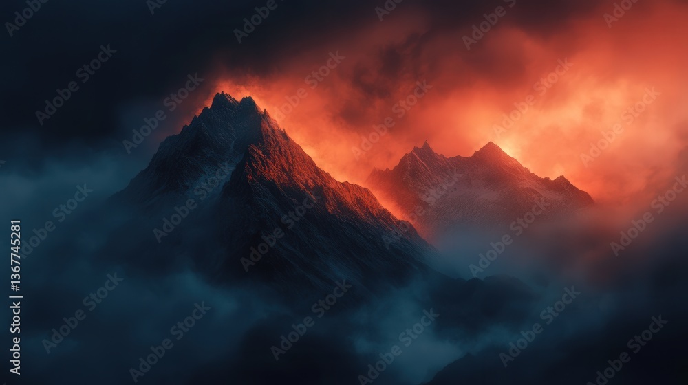 Obraz premium Dramatic Mountain Peaks In Fiery Sunset Sky