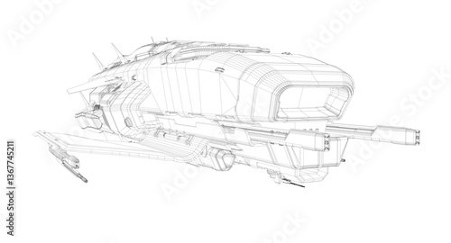A drawing of a spaceship with a white background. The spaceship is shown from different angles, with the top and bottom views being the most prominent. The spaceship is sleek and modern