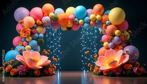 Colorful Balloon Arch with Flowers   Lights